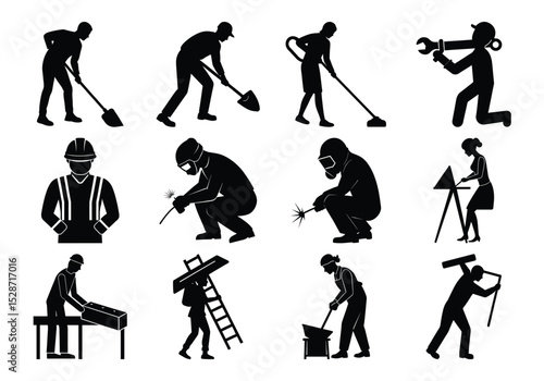 Silhouettes of Industrial and Manual Workers – Welding, Carpentry, Construction, and Office Tasks Vector Icons Set on white background 