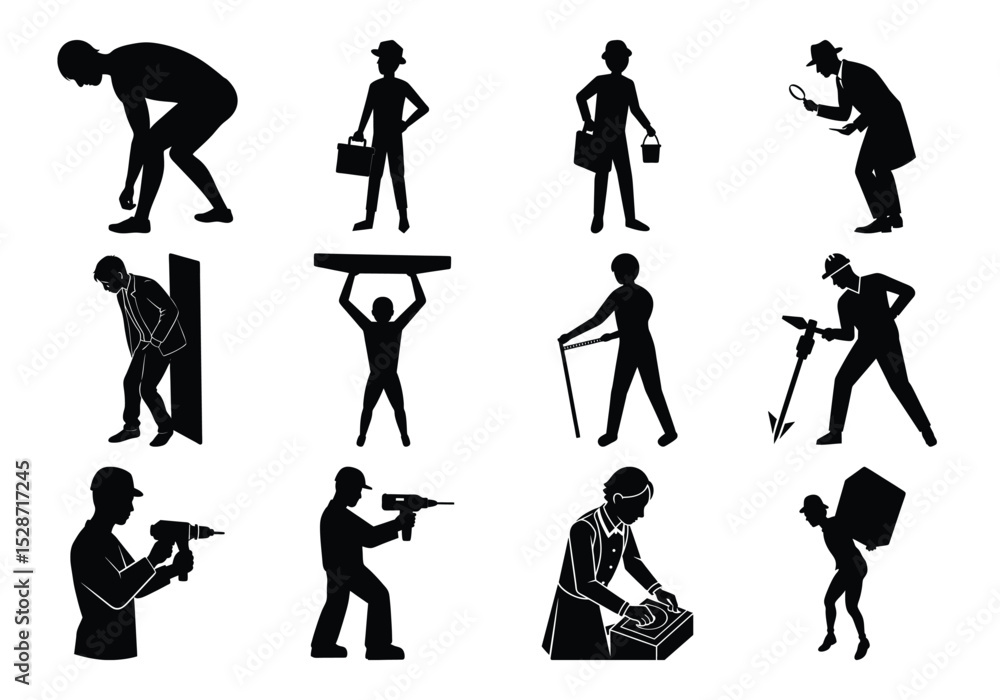 Obraz premium Worker Silhouettes Vector Collection – Labor, Construction, Detective, Technician, and Manual Jobs Icon Set on white background 