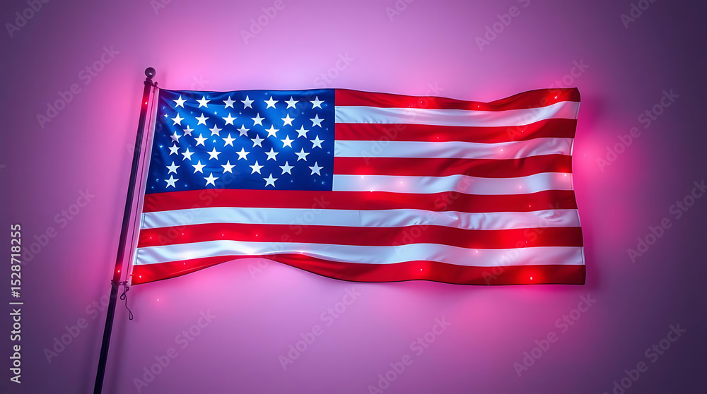Obraz premium Illuminated American Flag with Red and White Stripes and White Stars on Blue as Wall Art