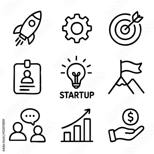 A set of doodle line icons illustrating startup concepts like launch, innovation, goals, funding, and teamwork for entrepreneurship or business design