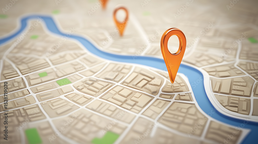 Fototapeta premium Digital map illustration with pinned locations and river flowing through cityscape