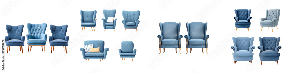 Assortment of plush blue armchairs and sofas for living room decor Assortment of plush blue armchairs and sofas for living room decor