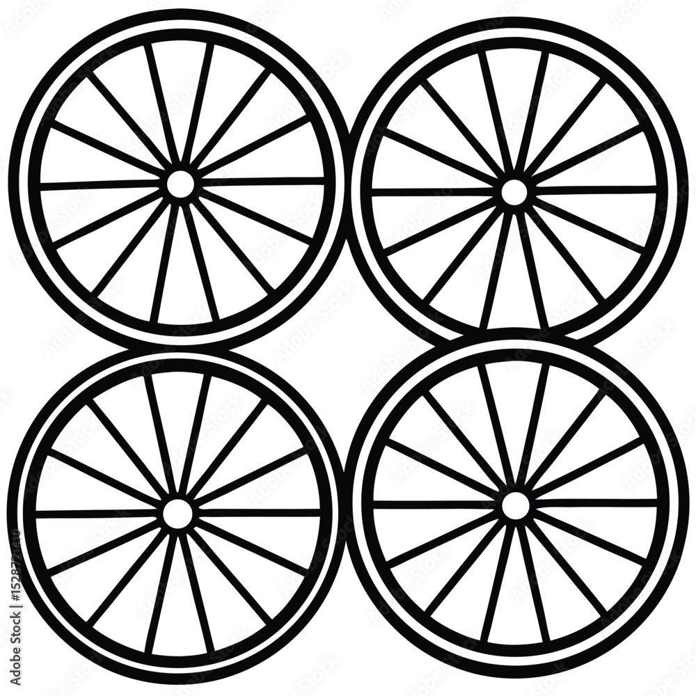 Fototapeta premium Four Black and White Wheels with Spokes in a Symmetrical Pattern