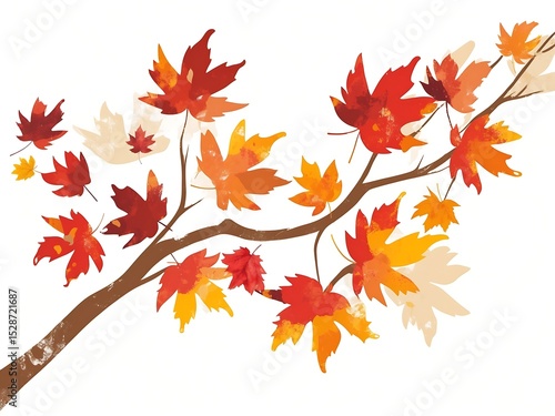 Autumn Branch with Red Orange Yellow Maple Leaves Watercolor Style Illustration image