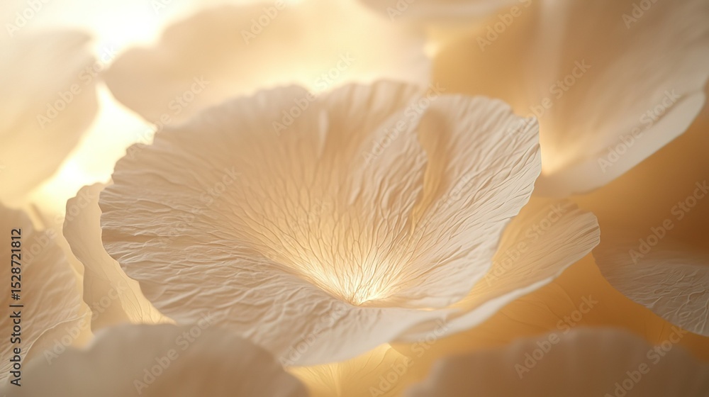 Close-up of abstract floral wall pattern with delicate translucent beige-white petals, soft lighting highlighting fine textures in serene elegant atmosphere. High-quality photography for wallpaper, ho Close-up of abstract floral wall pattern with delicate translucent beige-white petals, soft lighting highlighting fine textures in serene elegant atmosphere. High-quality photography for wallpaper, ho