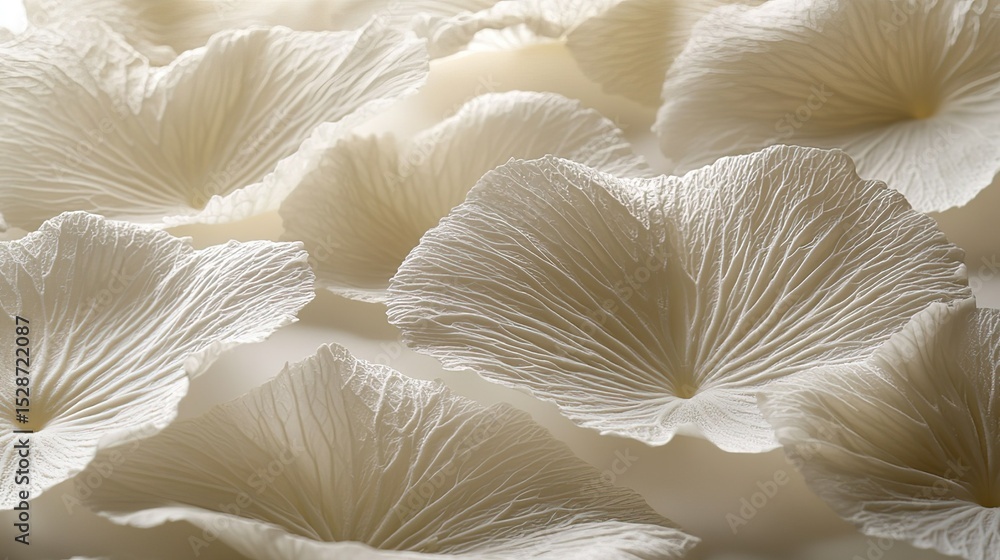 Close-up of abstract floral wall pattern with delicate translucent beige-white petals, soft lighting highlighting fine textures in serene elegant atmosphere. High-quality photography for wallpaper, ho Close-up of abstract floral wall pattern with delicate translucent beige-white petals, soft lighting highlighting fine textures in serene elegant atmosphere. High-quality photography for wallpaper, ho