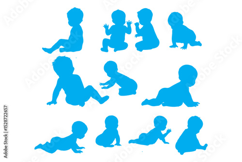 Set of baby and toddler silhouette isolated on white background. Sitting, crawling and standing. Vector illustration
