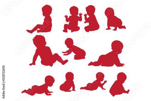 Set of baby and toddler silhouette isolated on white background. Sitting, crawling and standing. Vector illustration