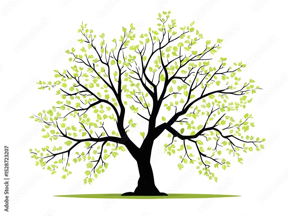 Springtime Deciduous Tree Black Silhouette Light Green Leaves White Background Simple Nature Illustration Springtime Deciduous Tree Black Silhouette Light Green Leaves White Background Simple Nature Illustration
