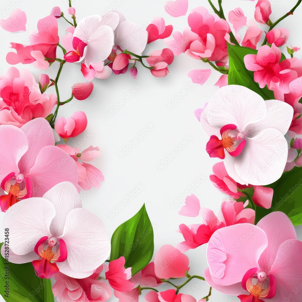 Fototapeta premium Vibrant Floral Frame with Pink and White Orchids Surrounding a Plain Background for Elegant Decor and Design Projects