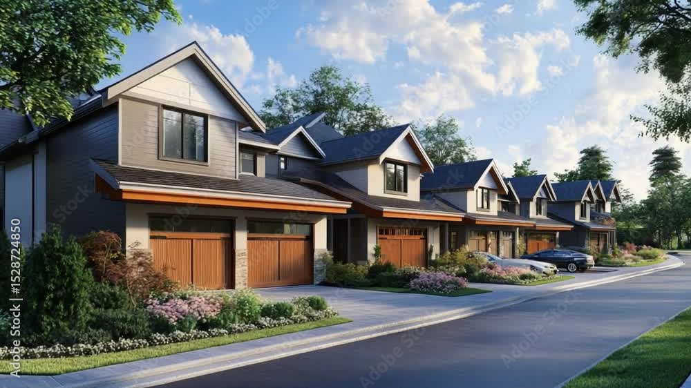 Residential Harmony: A modern row of homes nestled in a serene suburban setting, embodying the ideals of homeownership and community. A showcase of architectural beauty and comfortable living. Residential Harmony: A modern row of homes nestled in a serene suburban setting, embodying the ideals of homeownership and community. A showcase of architectural beauty and comfortable living.