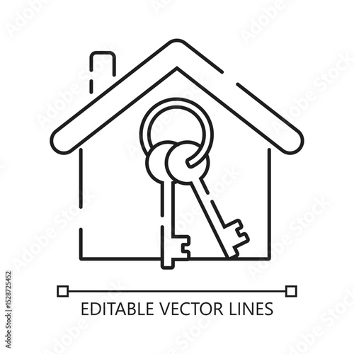 Icon a house outline with two keys inside. Suitable for real estate websites, property management businesses, and locksmith services. Vector isolated outline drawing. Editable stroke