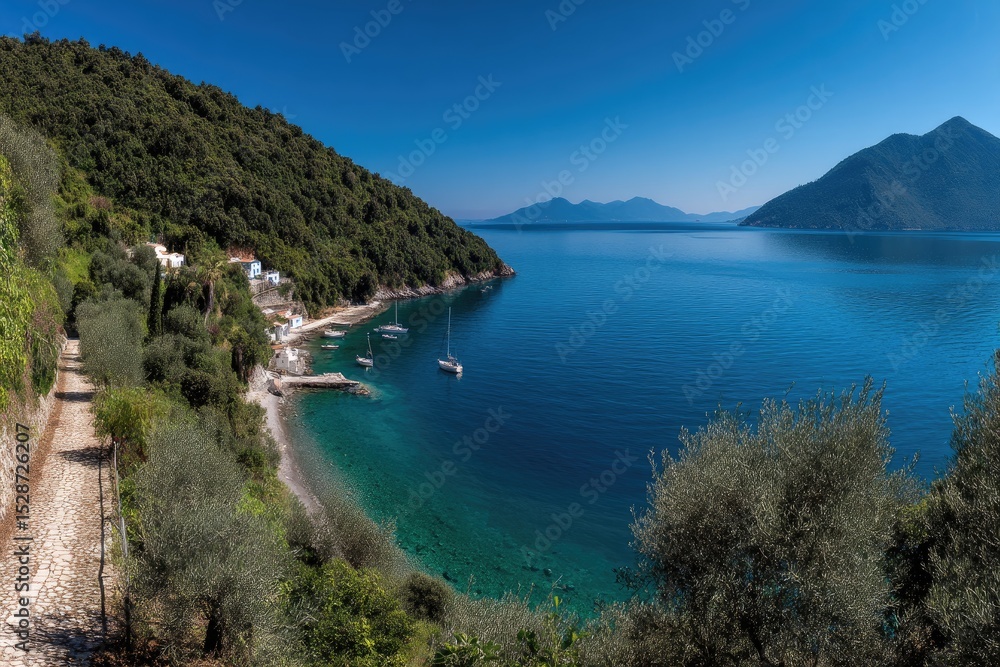 Obraz premium Tranquil Waters and Lush Landscape Panorama View