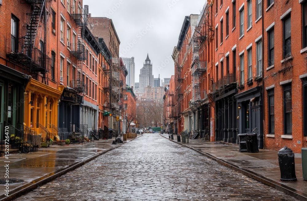 Fototapeta premium Rainy Day Reflections on Urban Brick Architecture