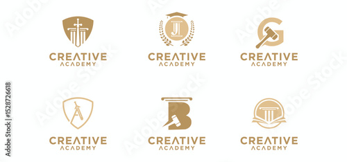 collection of creative justice law firm logos in gold color, alphabetical law logos with luxurious color combinations