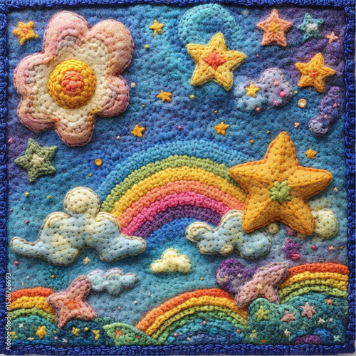 Wallpaper Mural In a sky full of rainbows and clouds, the tailed stars are listening to their grandfather stars. Felt style, handmade Torontodigital.ca