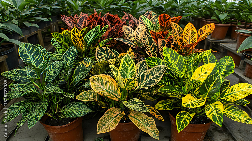 Obraz premium Vibrant potted plants with variegated leaves in various shades of red, orange, yellow, and green. A display of healthy houseplants in a greenhouse setting