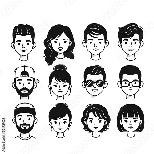 Diverse Group of People Icons in Black and White - Vector Illustration Featuring a Variety of Hairstyles, Accessories, and Facial Expressions for a Range of Uses From Web Design to Social Media