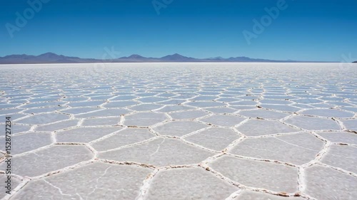 Vast salt flat landscape under a clear blue sky