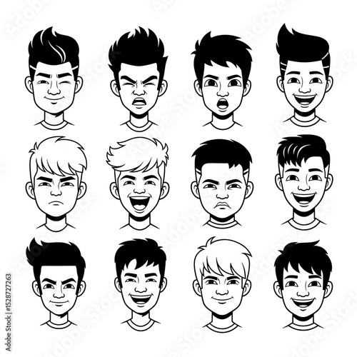 Diverse Cartoon Character Faces: A Black and White Vector Set Showcasing a Variety of Expressions and Hairstyles Perfect for UI Design, Animation, and Branding