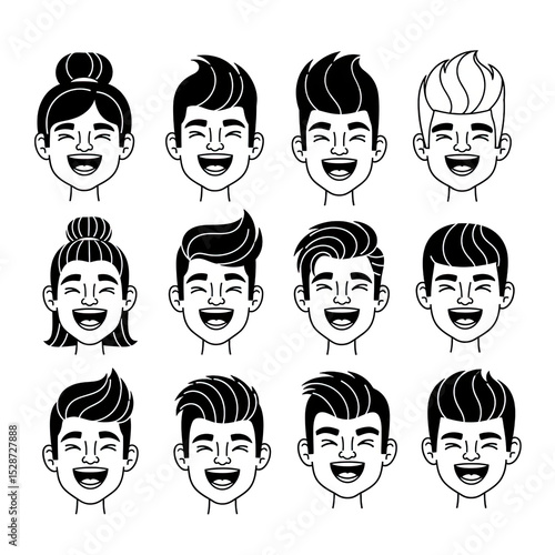 Cartoon Faces - Happy Expressions, Black & White