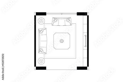 Minimal Seating Area Floor Plan. Vector Black Lines on White Background. 4