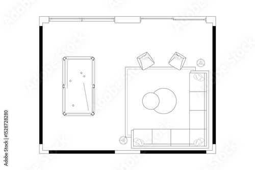 Open Concept Living and Biliards Room Floor Plan. Vector Black Lines on White Background. 1