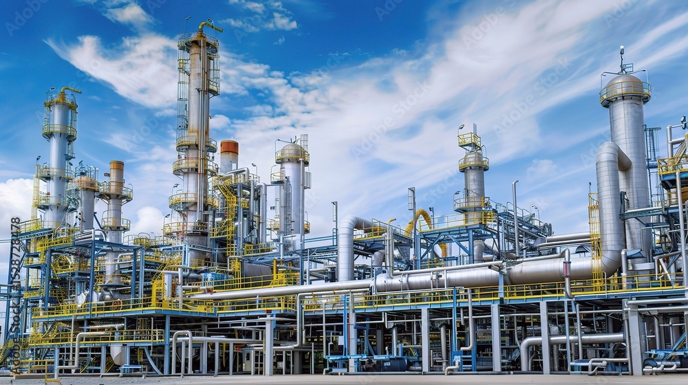 Industrial natural gas processing plant with towering storage tanks, pipelines, and compression units under a clear sky Industrial natural gas processing plant with towering storage tanks, pipelines, and compression units under a clear sky
