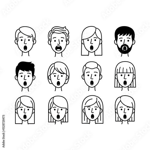 Variety of Surprised Faces in Vector Illustration:  Compilation of diverse, minimalist headshots expressing shock and astonishment, ideal for illustrating reaction and emotional response in design.