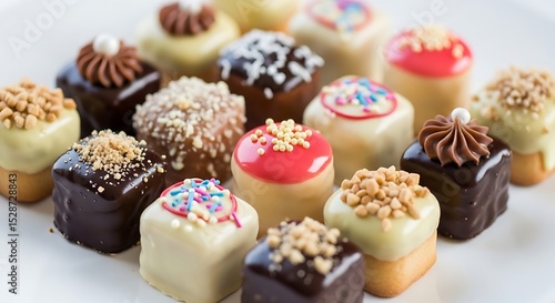 A close up shot of assorted petit fours with various toppings on a white plate