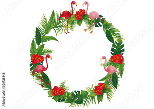 水彩風　フラミンゴとトロピカル熱帯植物の飾りセット リースフレーム2 Summer Tropical Series:Watercolor Tropicall Frame with Leaves,Birds,Hibiscus