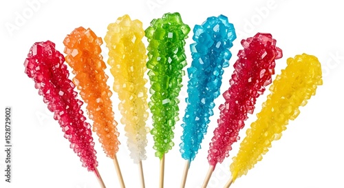 Arrangement of colorful rock candy sticks on wooden dowels against white backdrop