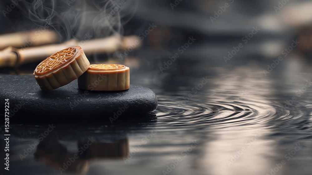 Two Traditional Mooncakes on Stones, Tranquil Scene Two Traditional Mooncakes on Stones, Tranquil Scene