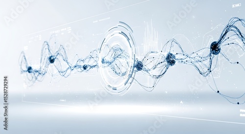 Abstract network with connected nodes and a circular interface on white background