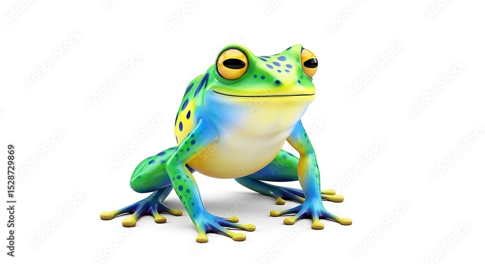 Naklejka premium A cartoon frog with green and blue skin sitting on a white background alone