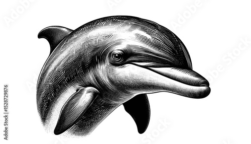 engraving cute dolphin drawing.  Detailed art of bottlenose dolphin, headshot image for marine life publications, World Whale and Dolphin Day