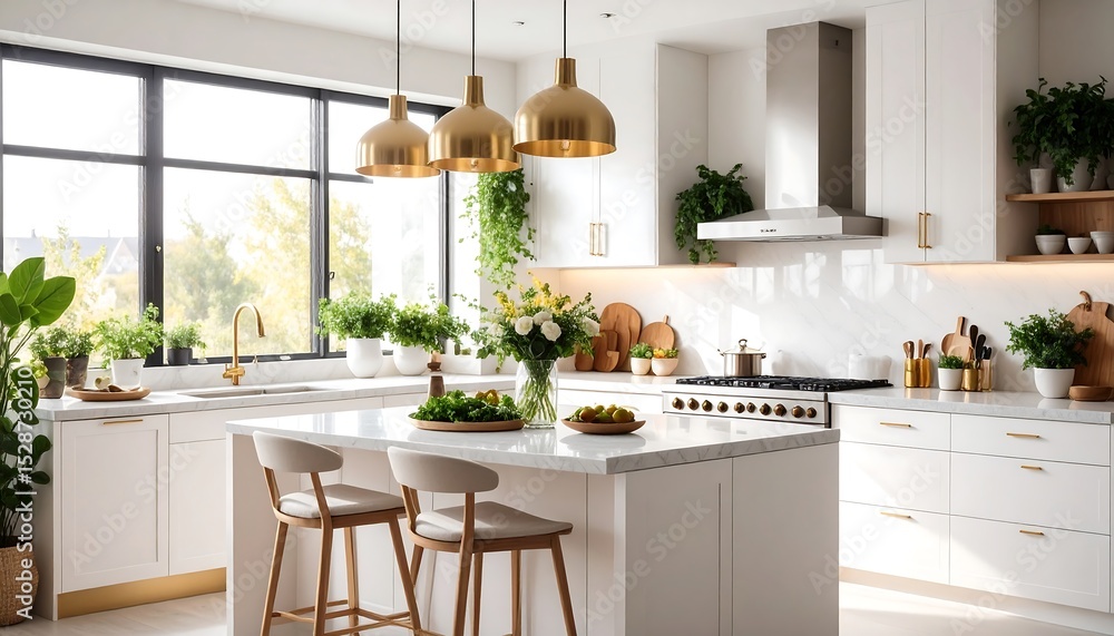 Fototapeta premium Bright Modern Kitchen Interior with Island with Plants, and and Golden Lights.