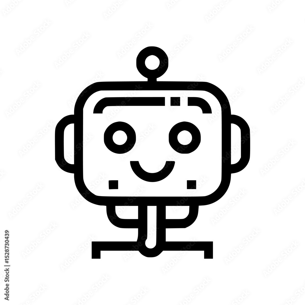 Fototapeta premium A simple, smiling robot icon with a square head, round eyes, and a small antenna on top.