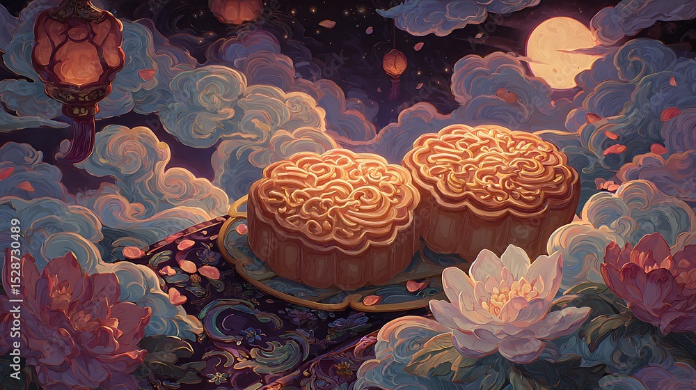 Obraz premium Two Beautiful Mooncakes in a Night Sky Scene