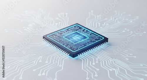 Close up of a microchip with glowing blue circuits on a white background