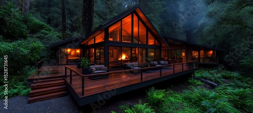 A cozy modern cabin nestled within a dense and green forest