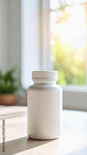 White plastic bottle with screw cap on a light wooden table near a bright window, promoting health, medicine, and supplements in sunlight.