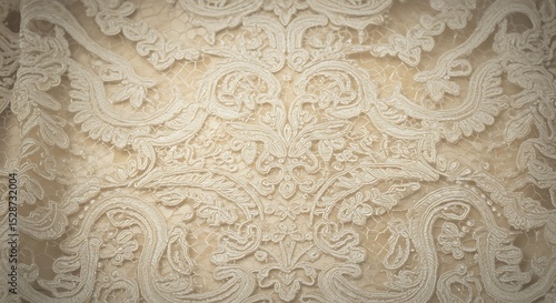 Intricate ivory lace, a delicate tapestry of swirling floral motifs and elegant curves, creates a luxurious and romantic texture