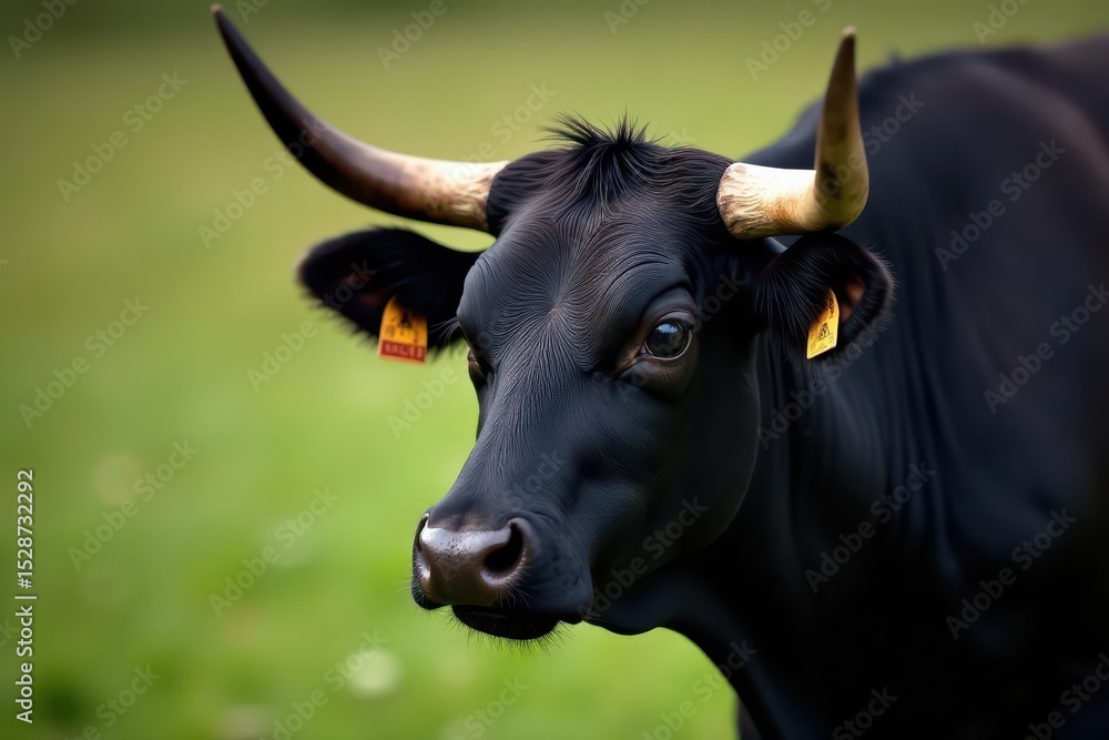 Naklejka premium Close-up of a black bull's head, prominent horns and ear tags, strong, bovine