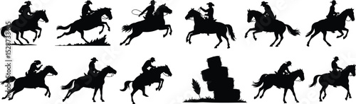 Silhouette cowboy horse riding set, western rodeo scene, galloping cowboy illustrations, rural horseman clipart