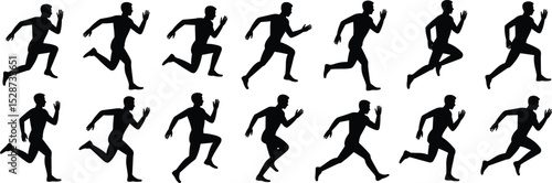 Running man silhouette vector set, athletic sprinting pose collection, male runner motion graphic, fitness exercise icon