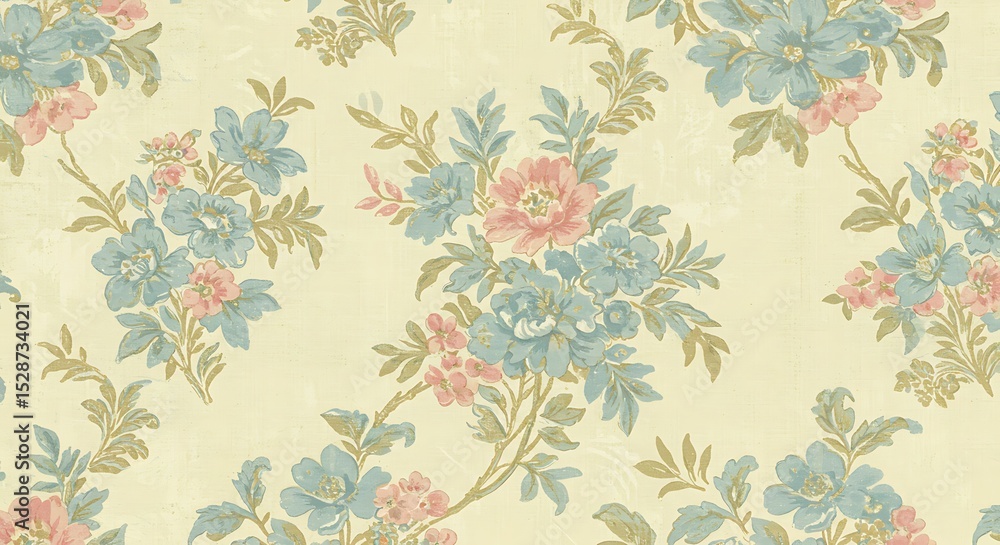 custom made wallpaper toronto digitalA delicate pattern of blush pink and dusty blue flowers blossoms across a creamy yellow background