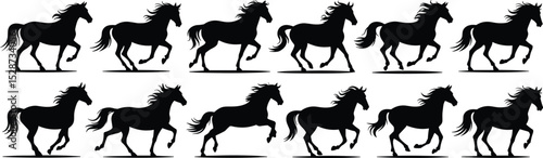 Running horse silhouette vector, galloping stallion artwork, black horse motion clipart, wild mustang icon,