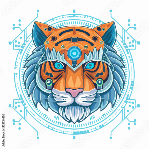 Cyberpunk neon tiger head in vector with glowing eyes and circuit patterns, futuristic look for bold t-shirt