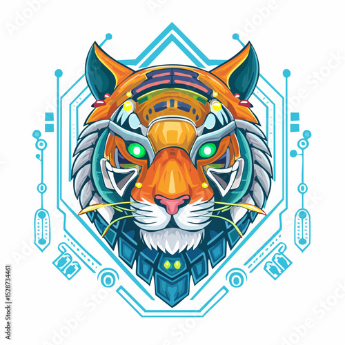 Cyberpunk neon tiger head in vector with glowing eyes and circuit patterns, futuristic look for bold t-shirt
